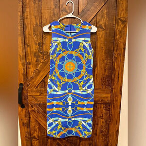 J. McLaughlin Womens sleeveless carman dress blue/orange equestrianchain print S
